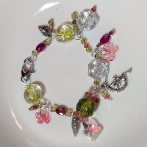 Handmade Cottagecore Floral Czech Glass & Swarovski Beaded charm Bracelet 7"